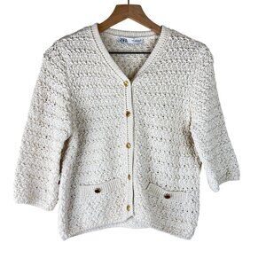 Zara Ecru Metallic Thread Detail Knit Cardigan Sweater